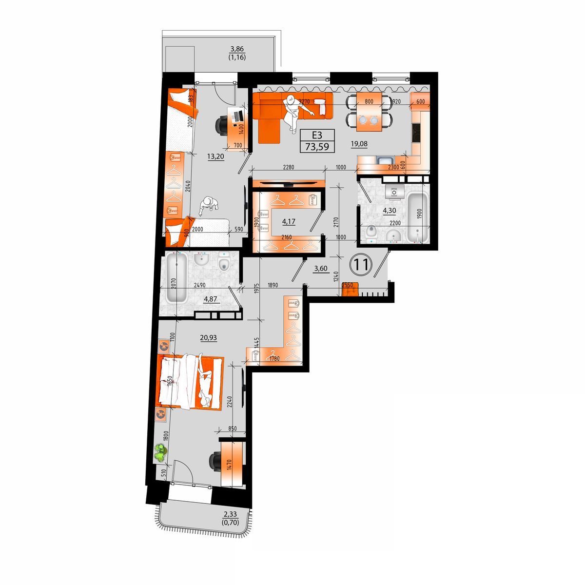 4-комнатная, 73.59 м², № Б-11 в Sunrise (Санрайс)