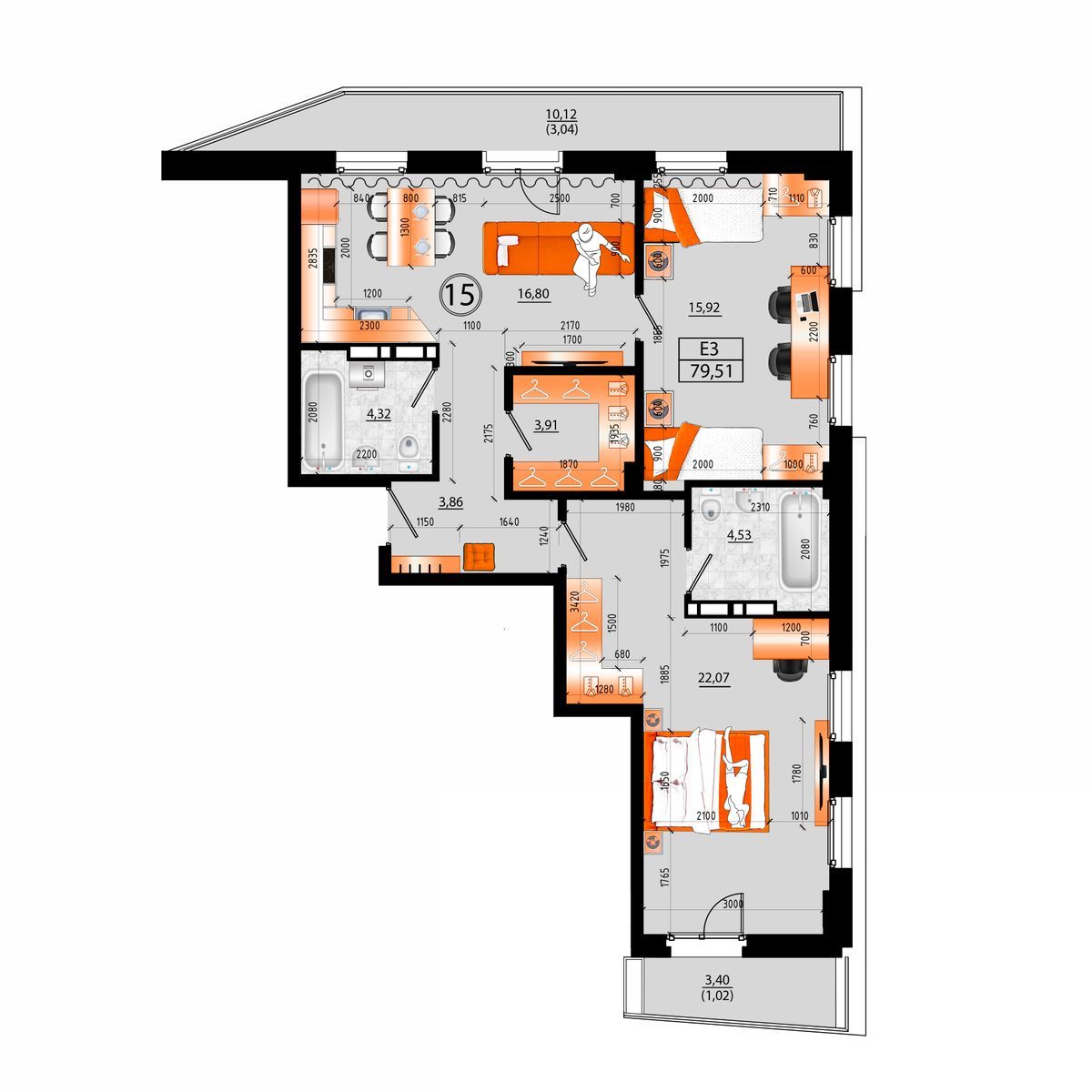 4-комнатная, 79.51 м², № Д-15 в Sunrise (Санрайс)