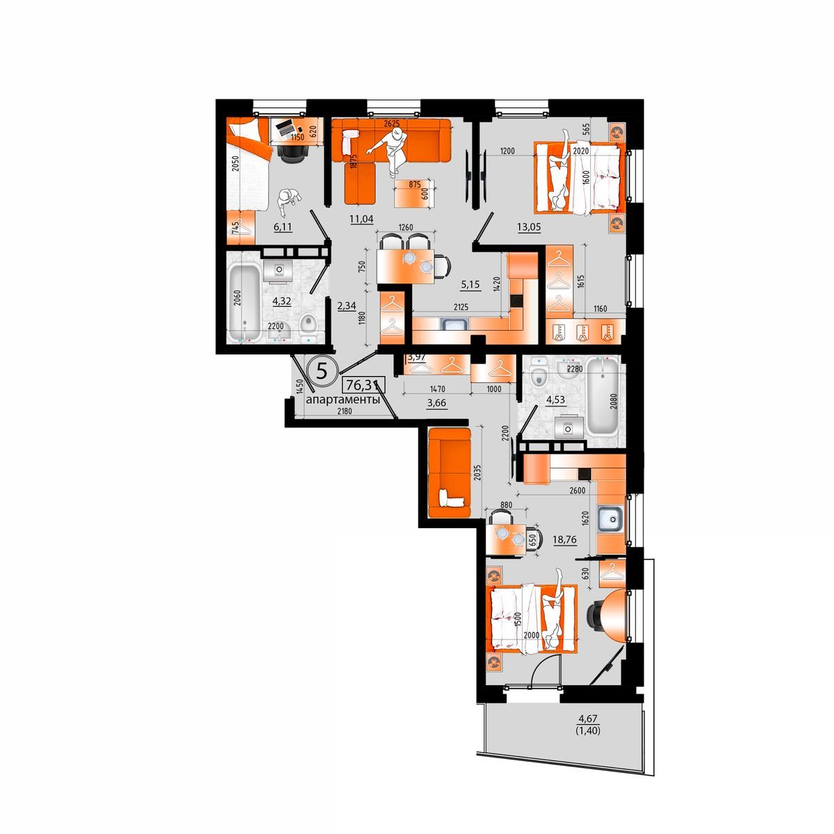 4-комнатная, 76.31 м², № Д-5 в Sunrise (Санрайс)