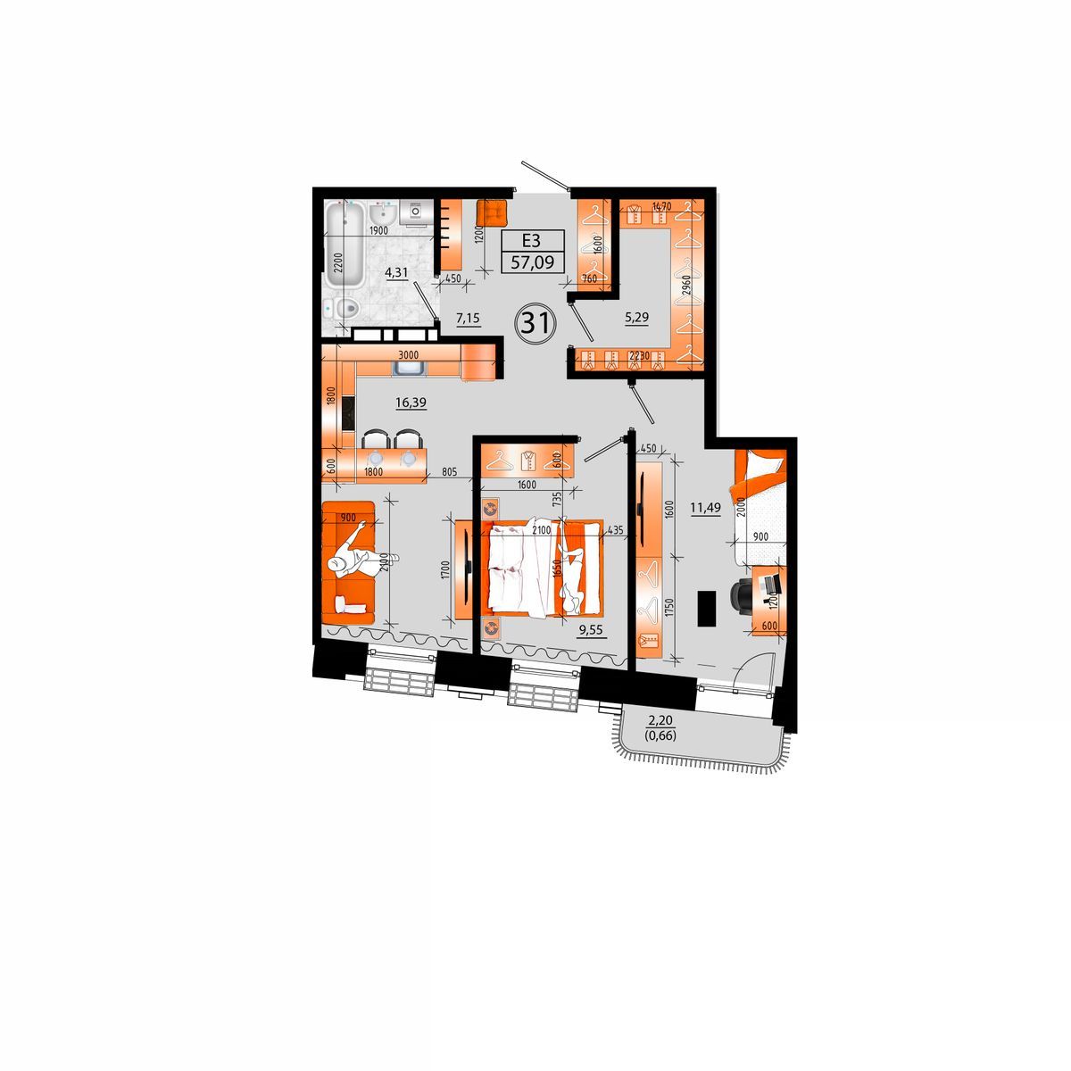 3-комнатная, 57.09 м², № Б-31 в Sunrise (Санрайс)