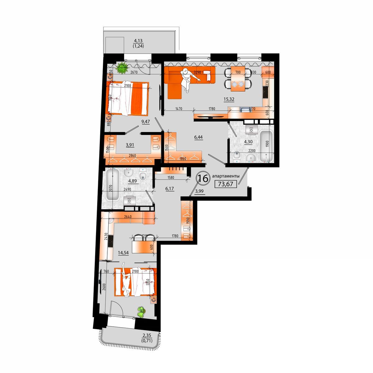 4-комнатная, 73.67 м², № Б-16 в Sunrise (Санрайс)