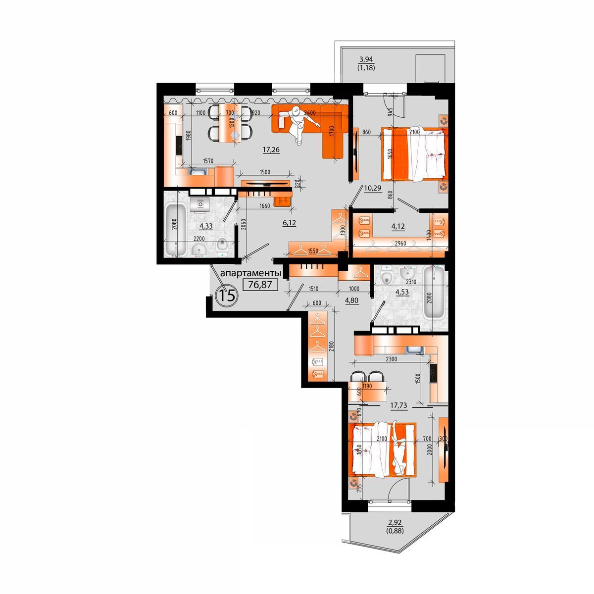 4-комнатная, 76.87 м², № Б-15 в Sunrise (Санрайс)