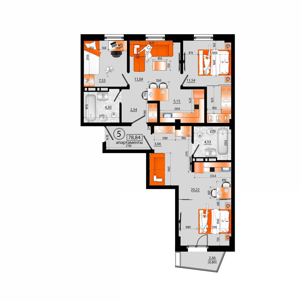 4-комнатная, 78.84 м², № Е-5 в Sunrise (Санрайс)