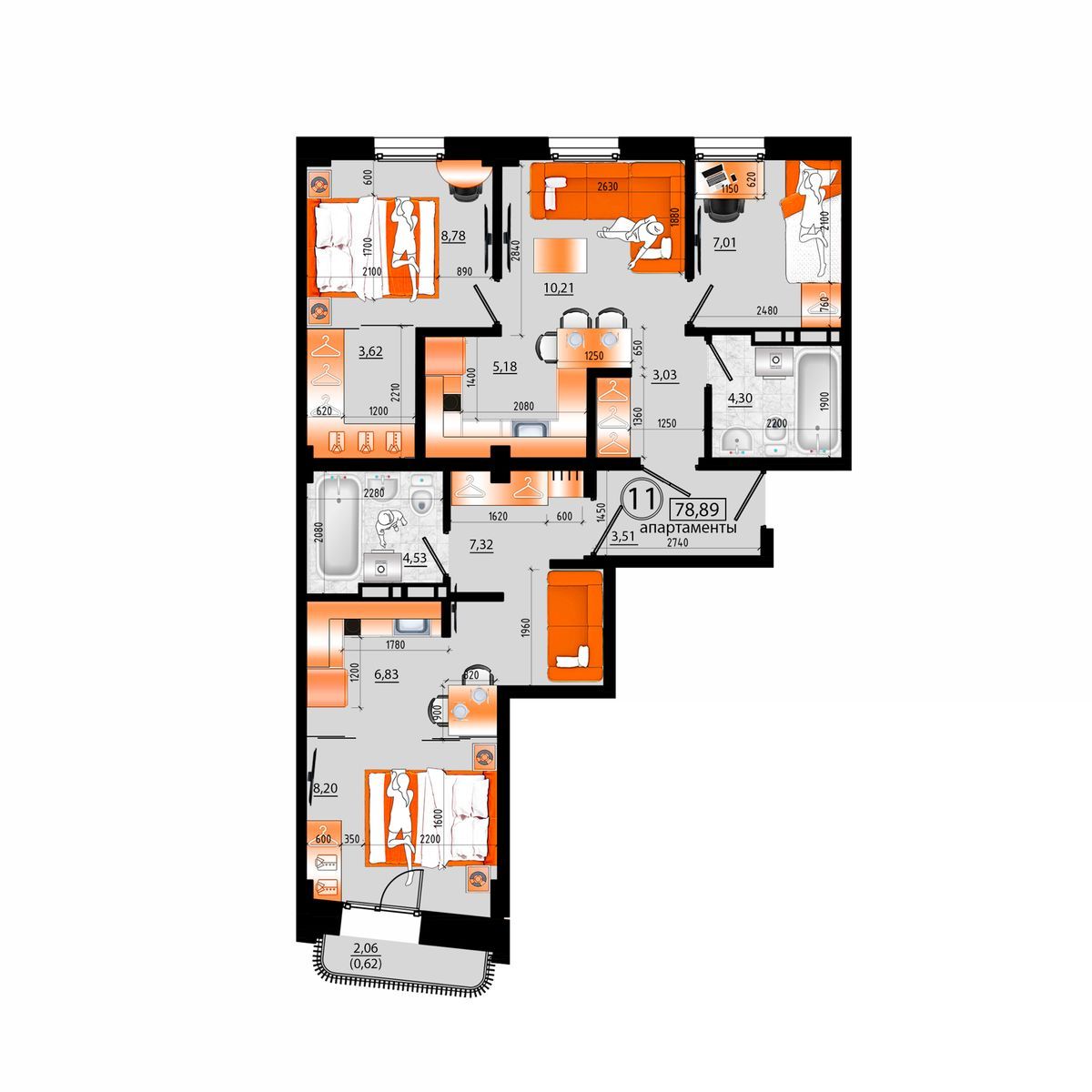 4-комнатная, 78.89 м², № Д-11 в Sunrise (Санрайс)