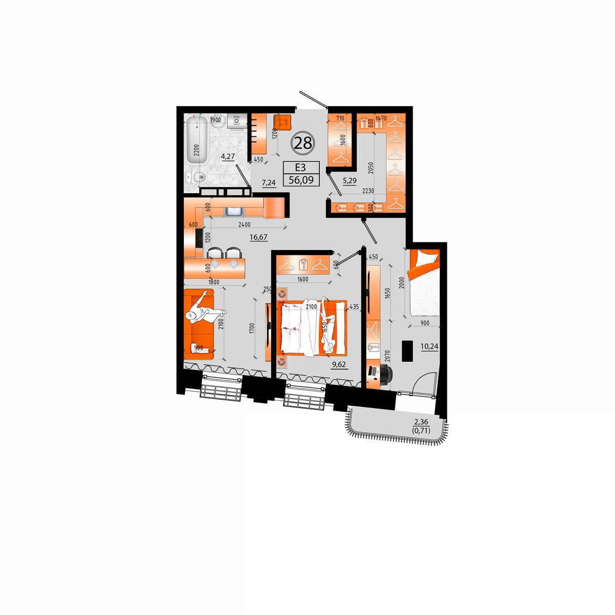 3-комнатная, 56.09 м², № Д-28 в Sunrise (Санрайс)