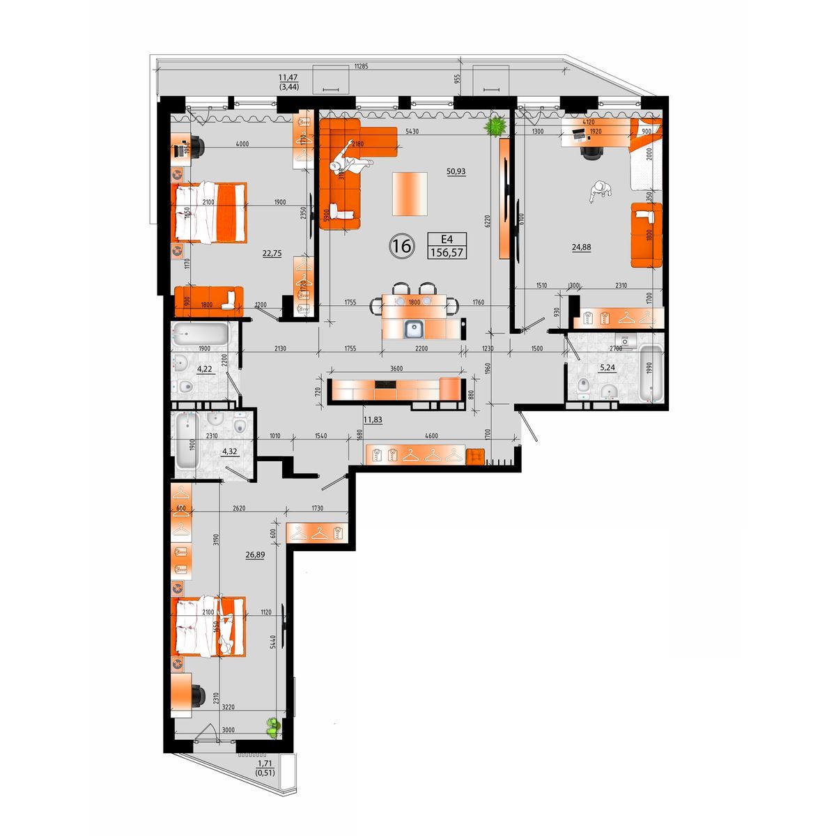 1-комнатная, 156.57 м², № А-16 в Sunrise (Санрайс)