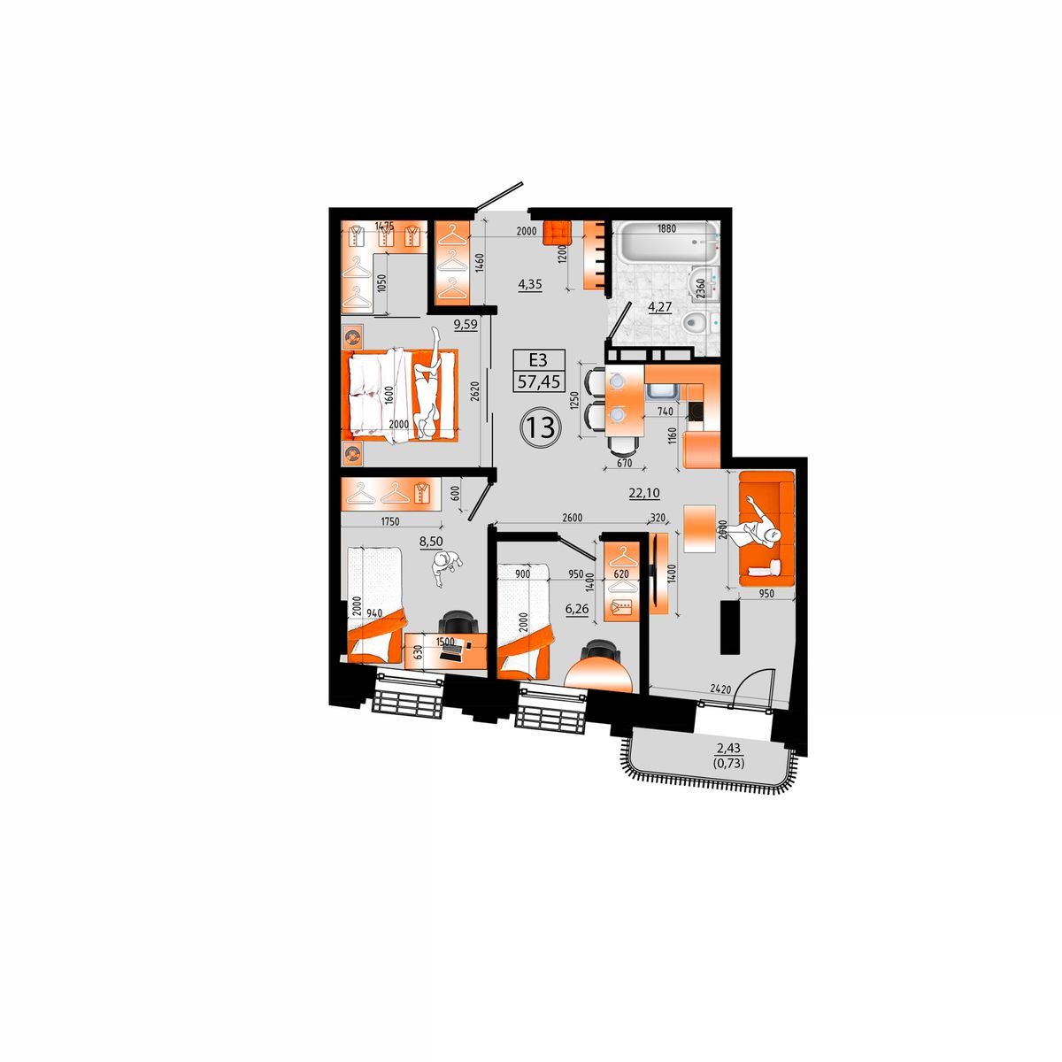 3-комнатная, 57.45 м², № Е-13 в Sunrise (Санрайс)