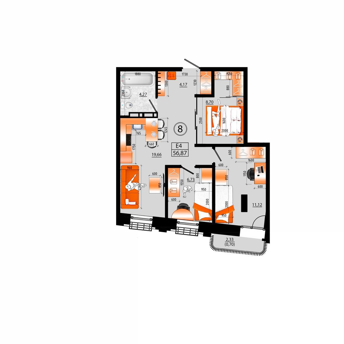 3-комнатная, 56.87 м², № Д-8 в Sunrise (Санрайс)