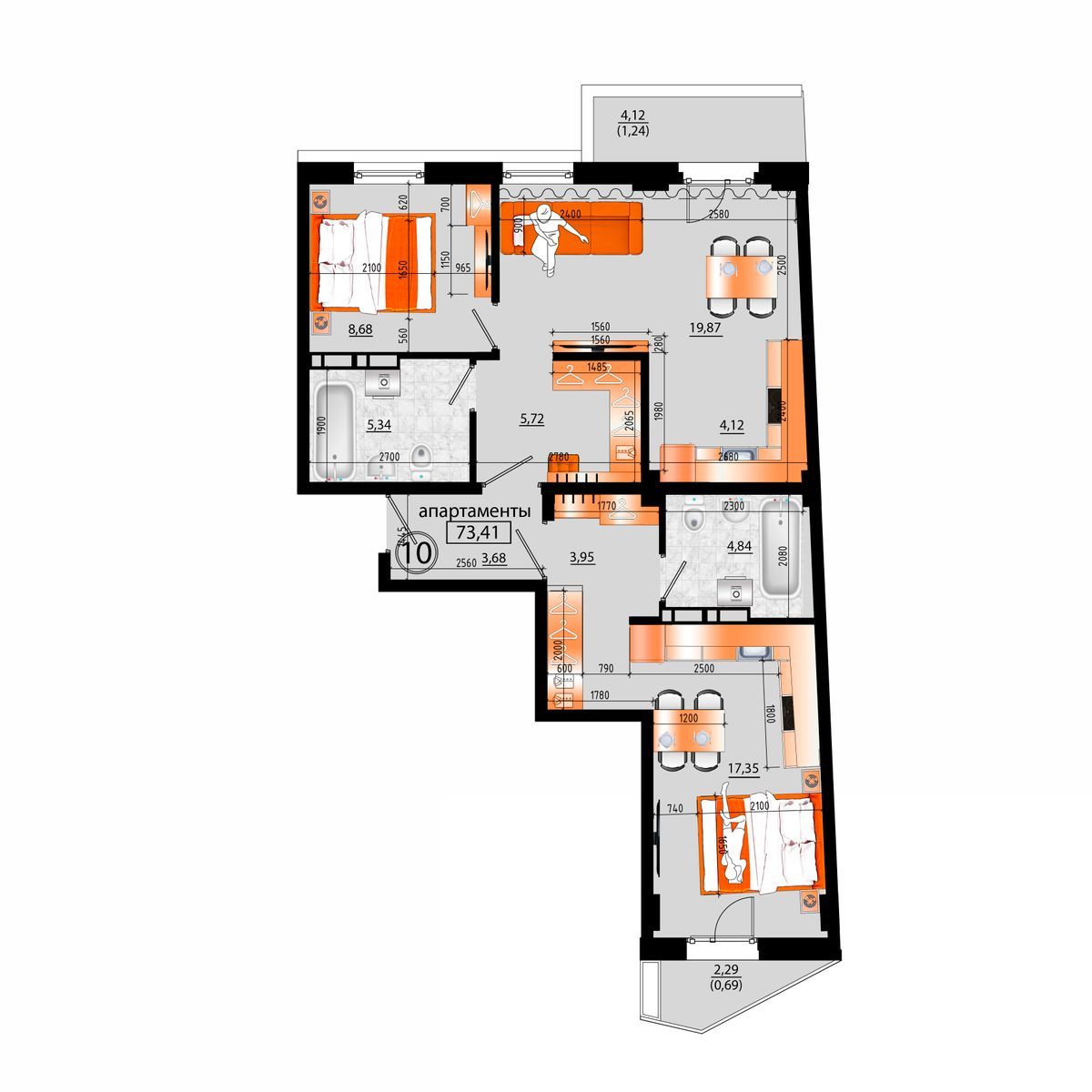 4-комнатная, 73.41 м², № В-10 в Sunrise (Санрайс)