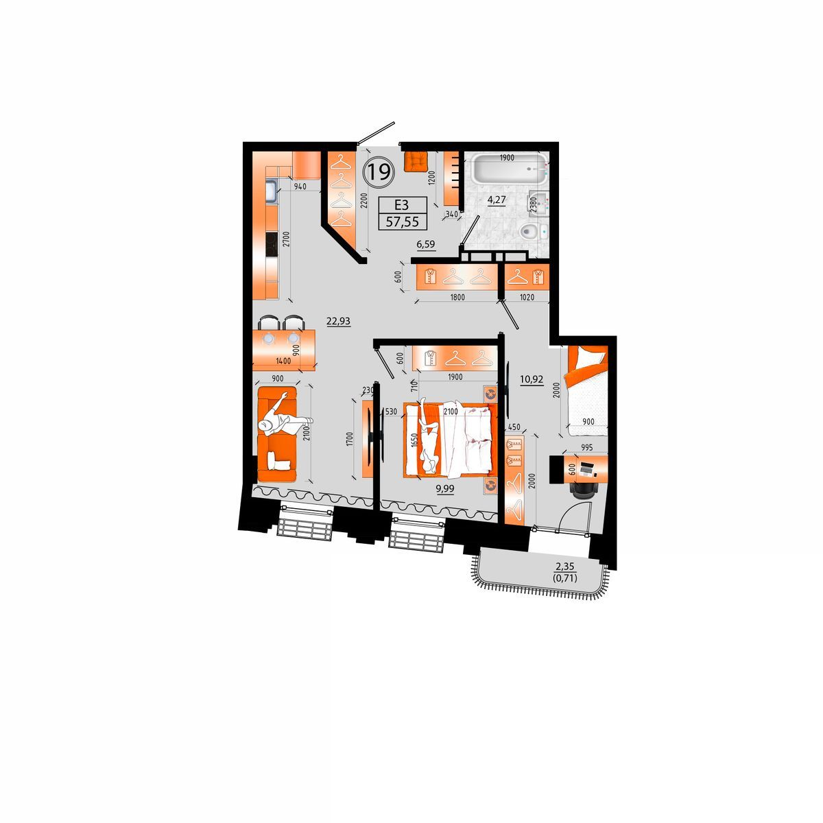 3-комнатная, 57.55 м², № Е-19 в Sunrise (Санрайс)