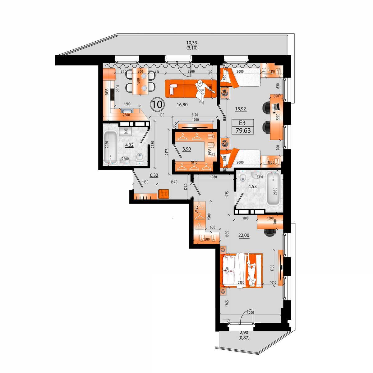 4-комнатная, 79.63 м², № Д-10 в Sunrise (Санрайс)