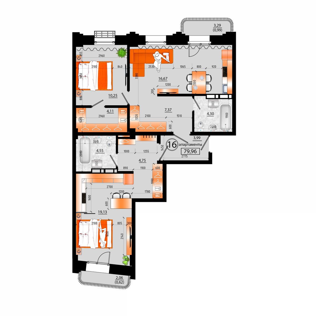 4-комнатная, 79.96 м², № Д-16 в Sunrise (Санрайс)