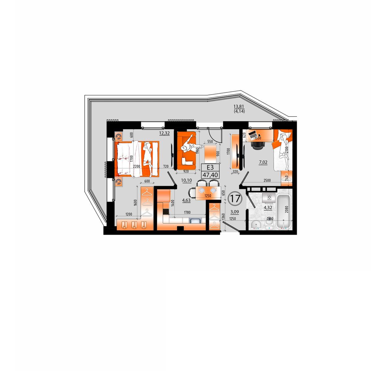 3-комнатная, 47.4 м², № Е-17 в Sunrise (Санрайс)