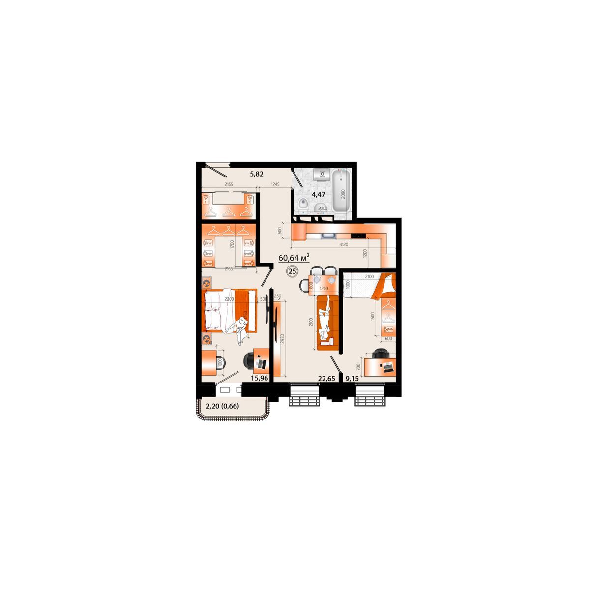 3-комнатная, 60.64 м², № Г-25 в Sunrise (Санрайс)