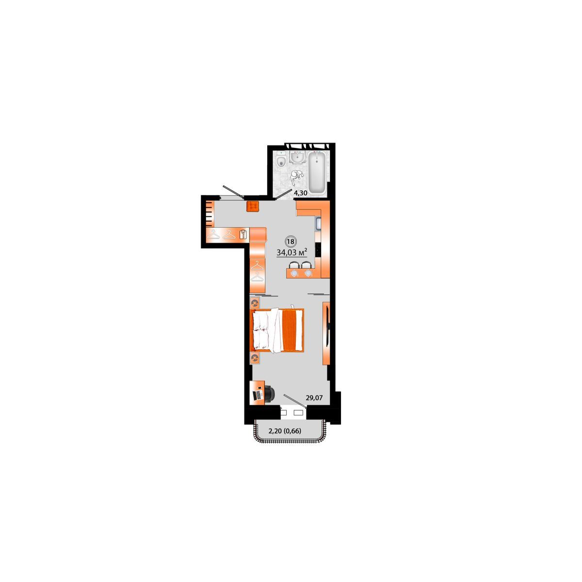 1-комнатная, 34.03 м², № Г-18 в Sunrise (Санрайс)