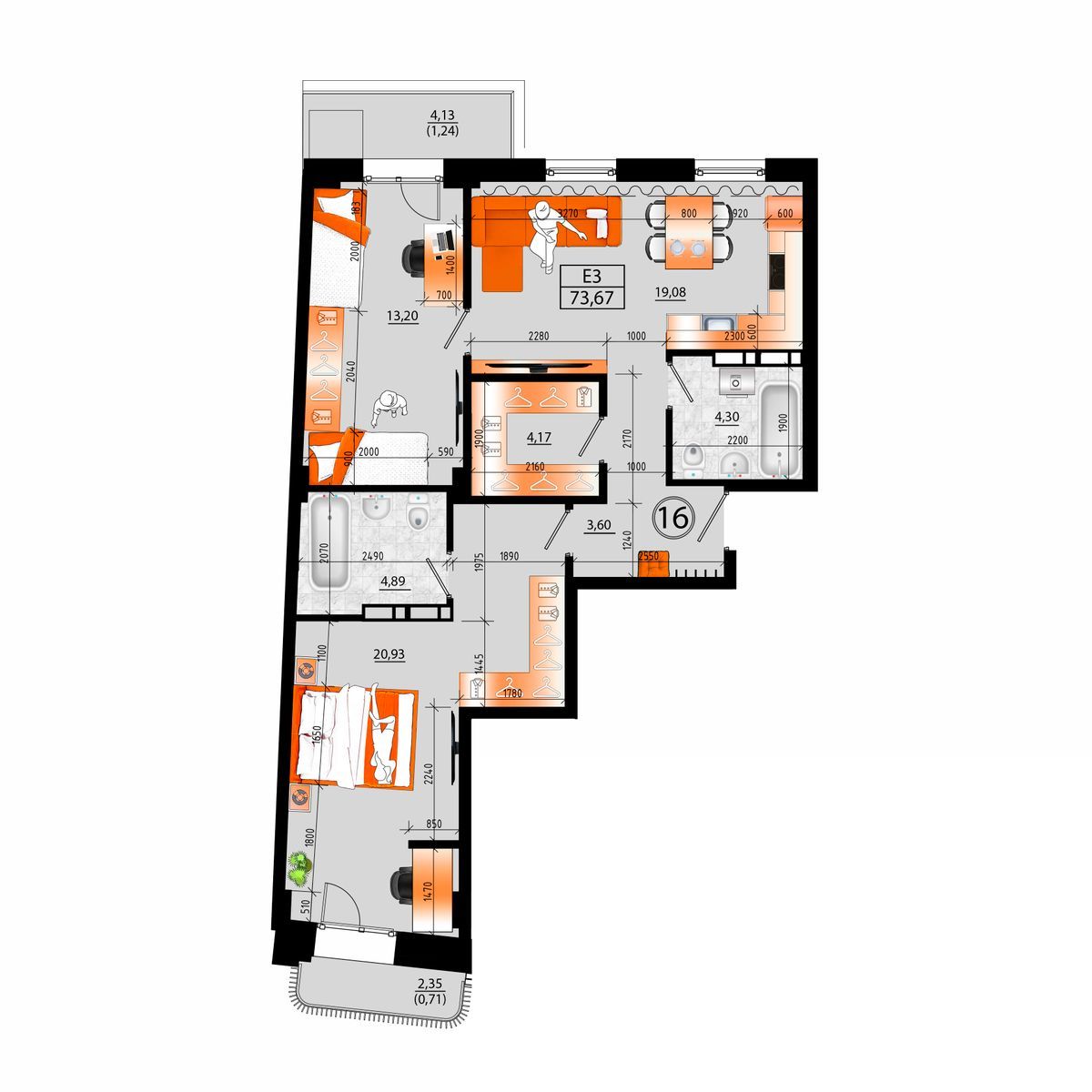 4-комнатная, 73.67 м², № Б-16 в Sunrise (Санрайс)