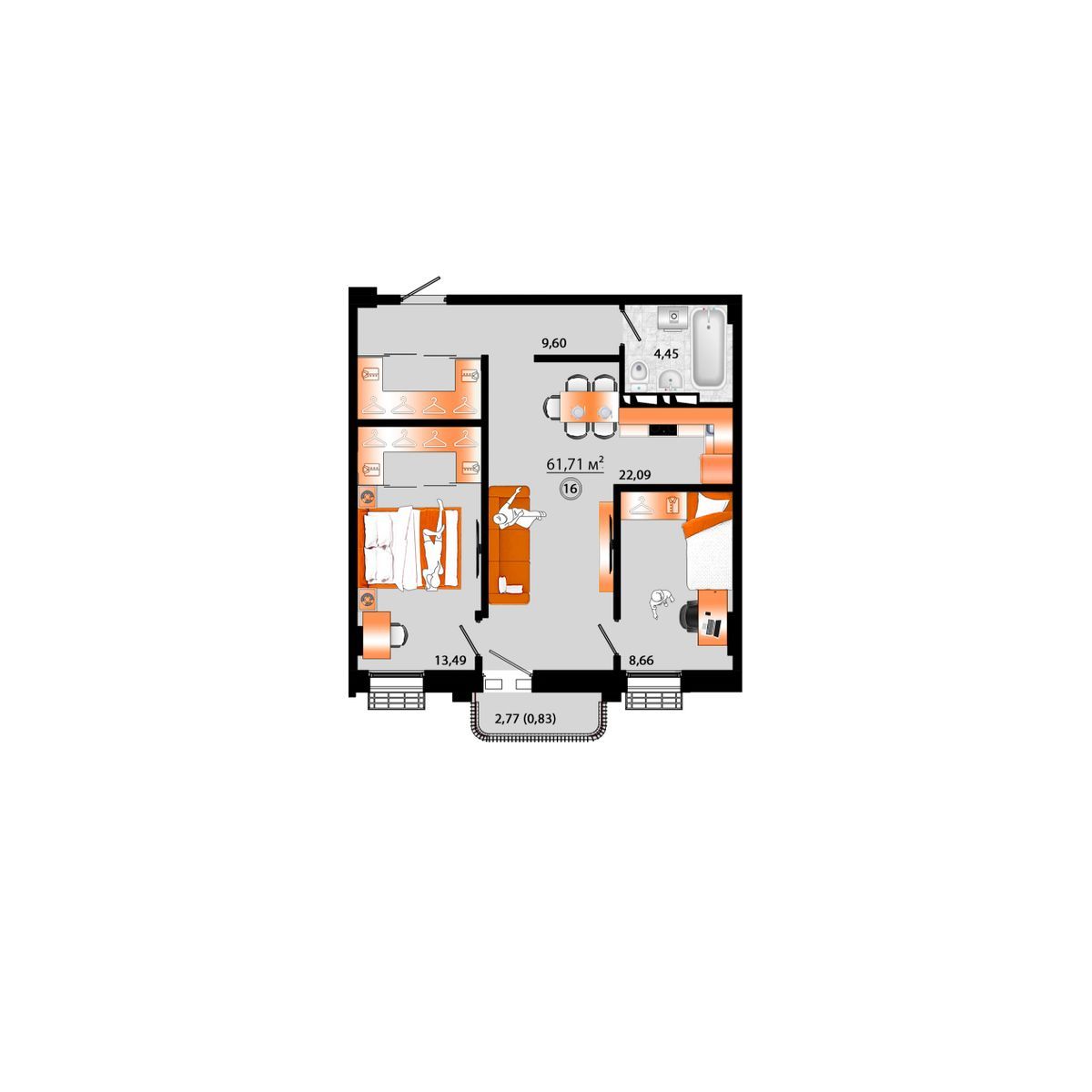 3-комнатная, 61.71 м², № Г-16 в Sunrise (Санрайс)