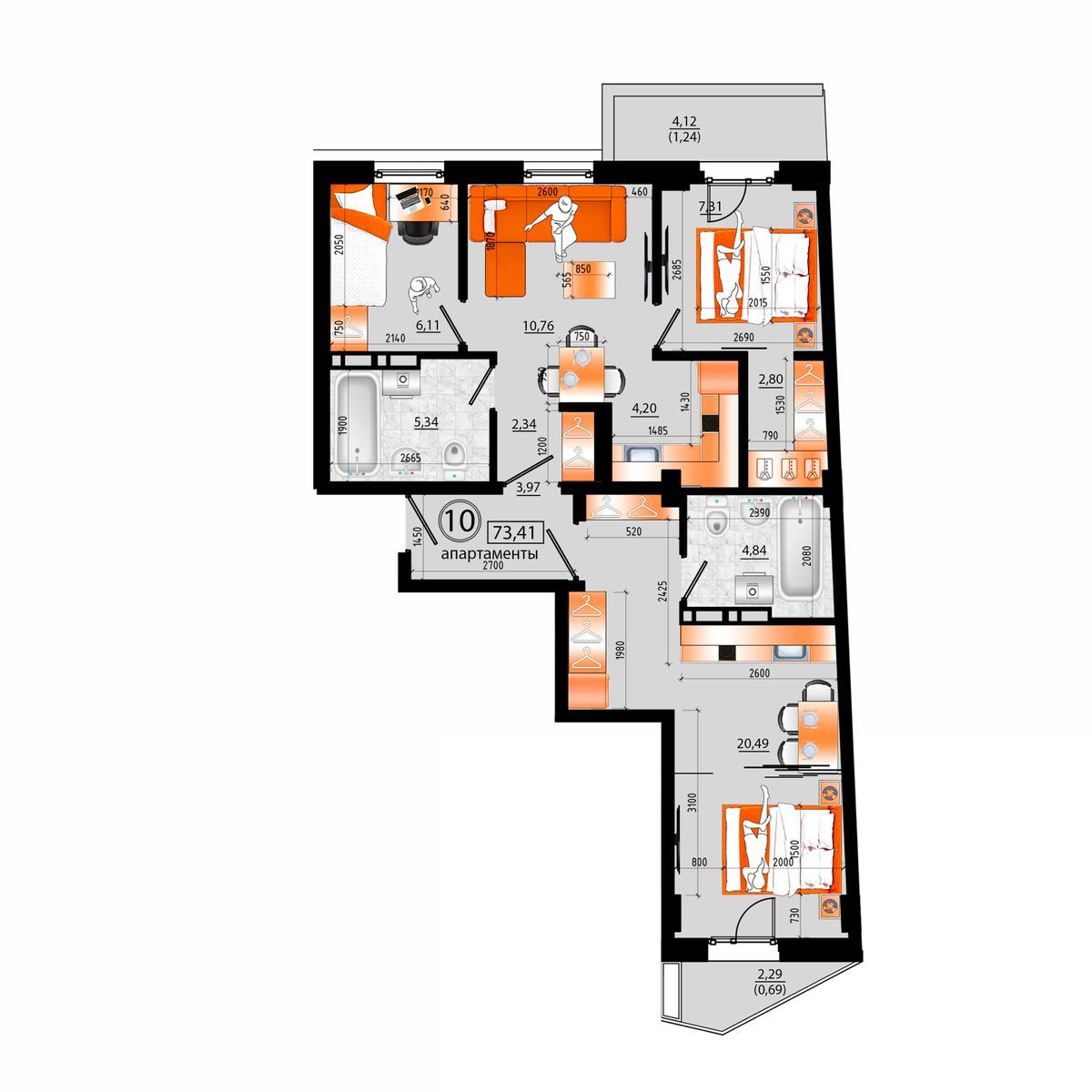 4-комнатная, 73.41 м², № В-10 в Sunrise (Санрайс)