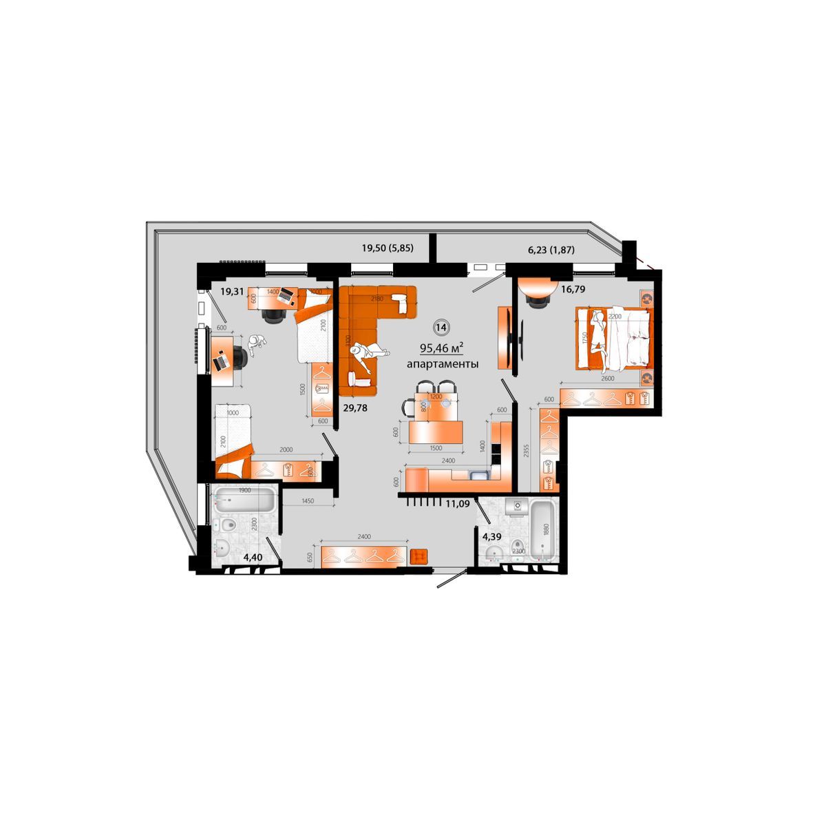 4-комнатная, 95.46 м², № Г-14 в Sunrise (Санрайс)