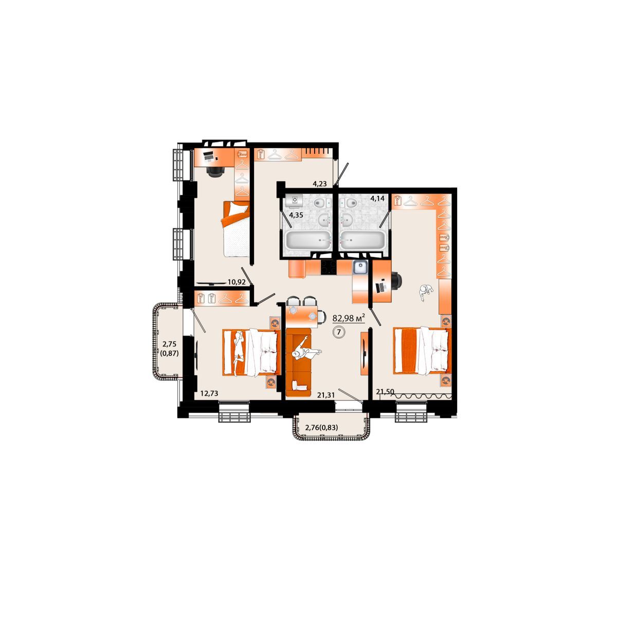 4-комнатная, 82.98 м², № Г-7 в Sunrise (Санрайс)