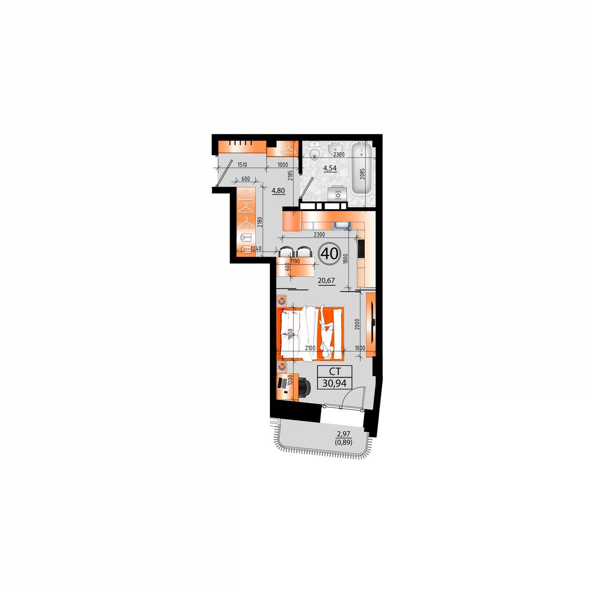 1-комнатная, 30.94 м², № Б-40 в Sunrise (Санрайс)