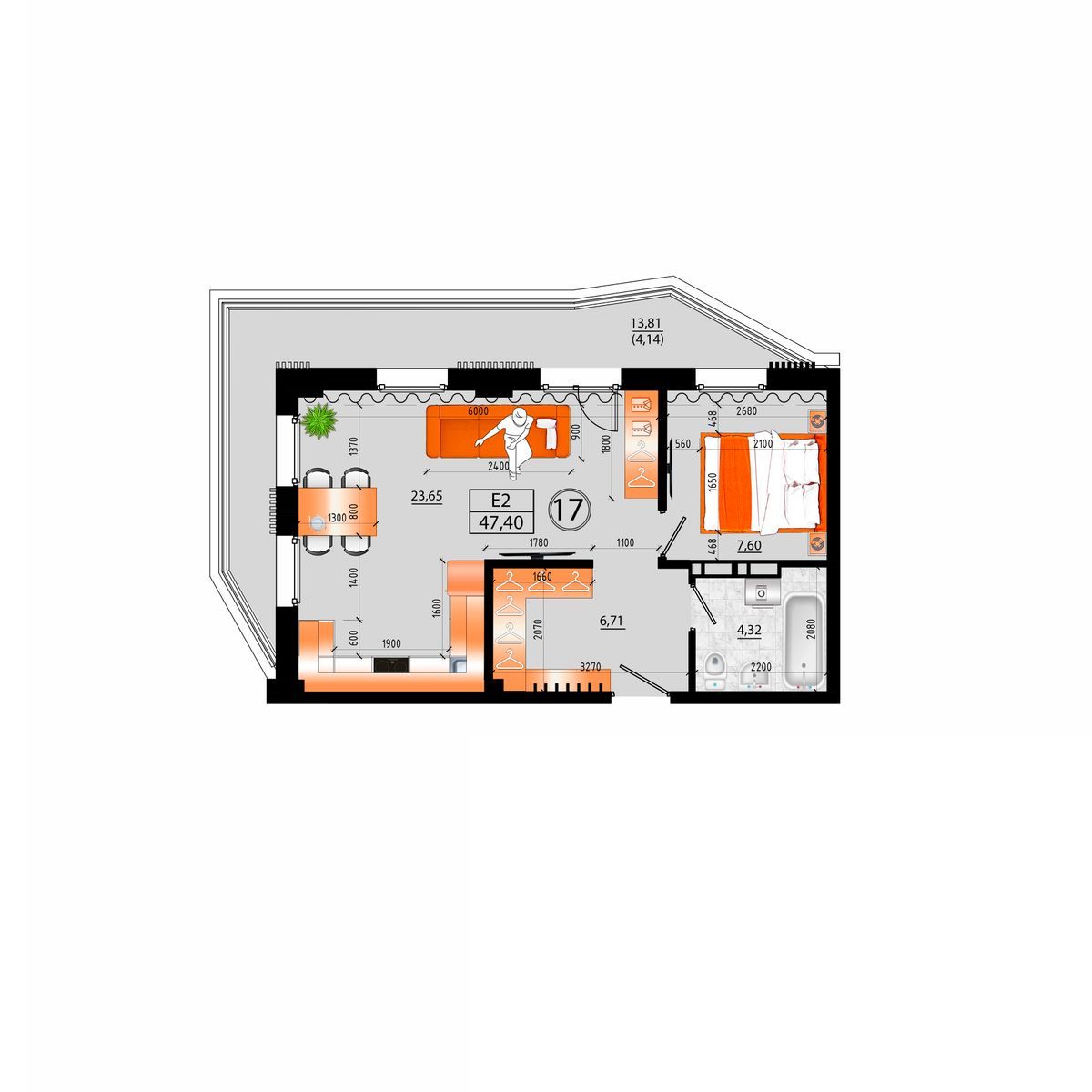 3-комнатная, 47.4 м², № Е-17 в Sunrise (Санрайс)
