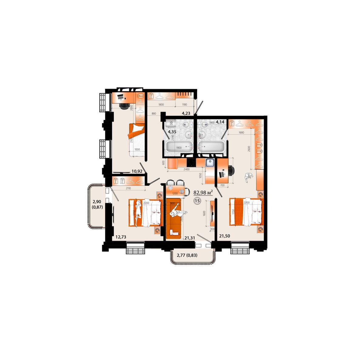 4-комнатная, 82.98 м², № Г-15 в Sunrise (Санрайс)