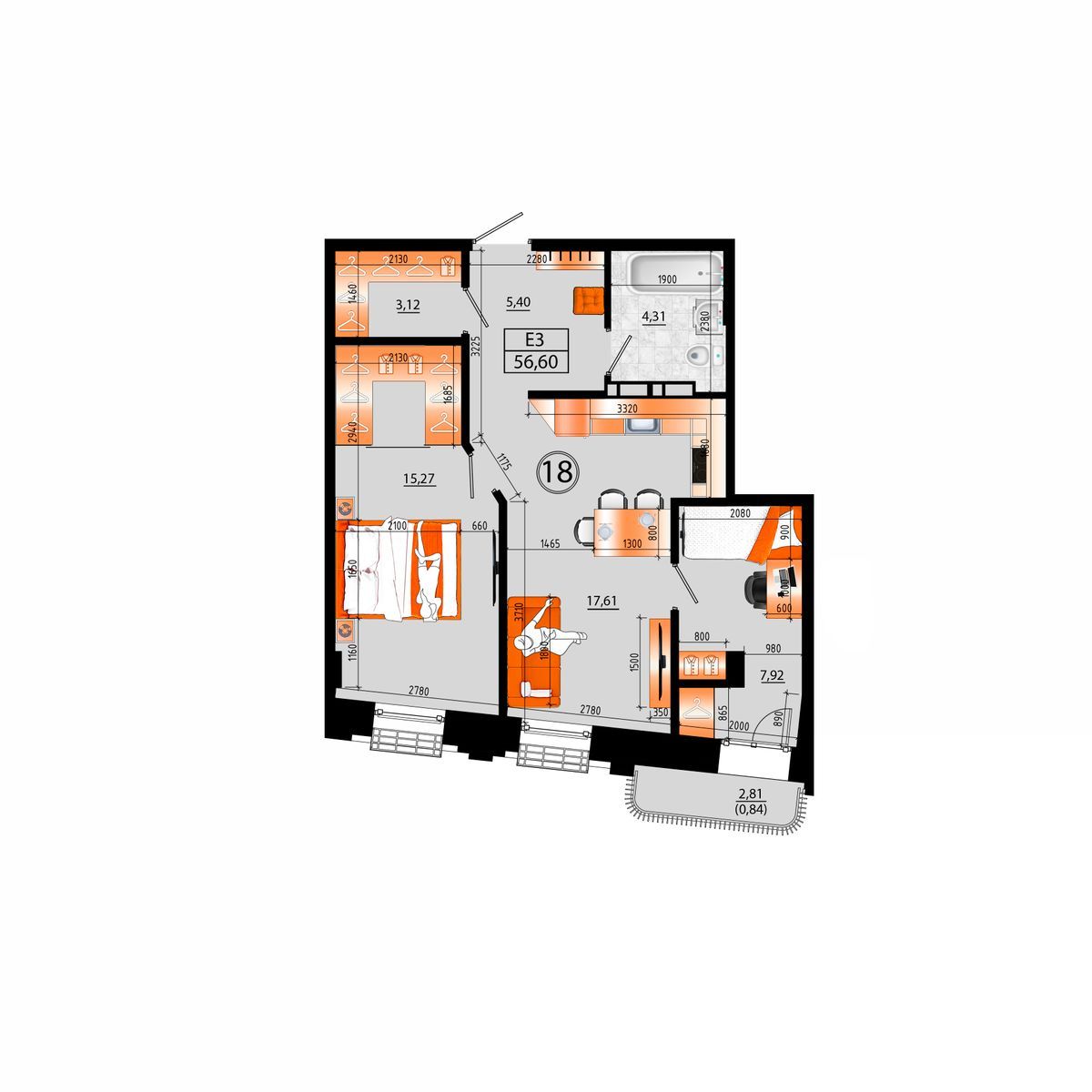 3-комнатная, 56.6 м², № В-18 в Sunrise (Санрайс)