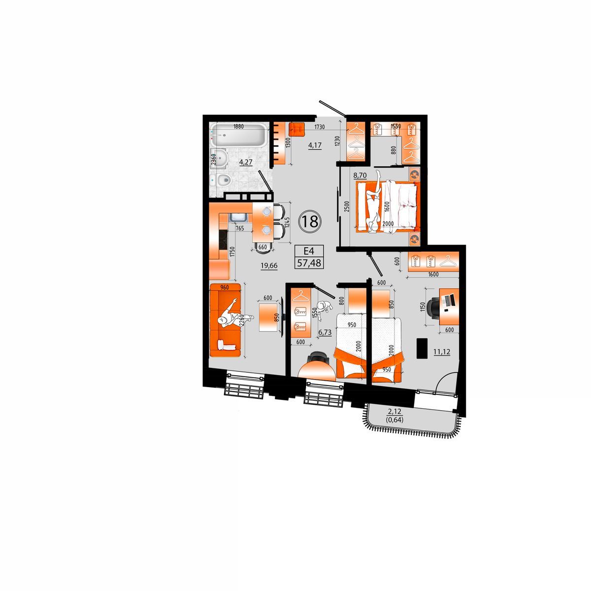 3-комнатная, 57.48 м², № Д-18 в Sunrise (Санрайс)
