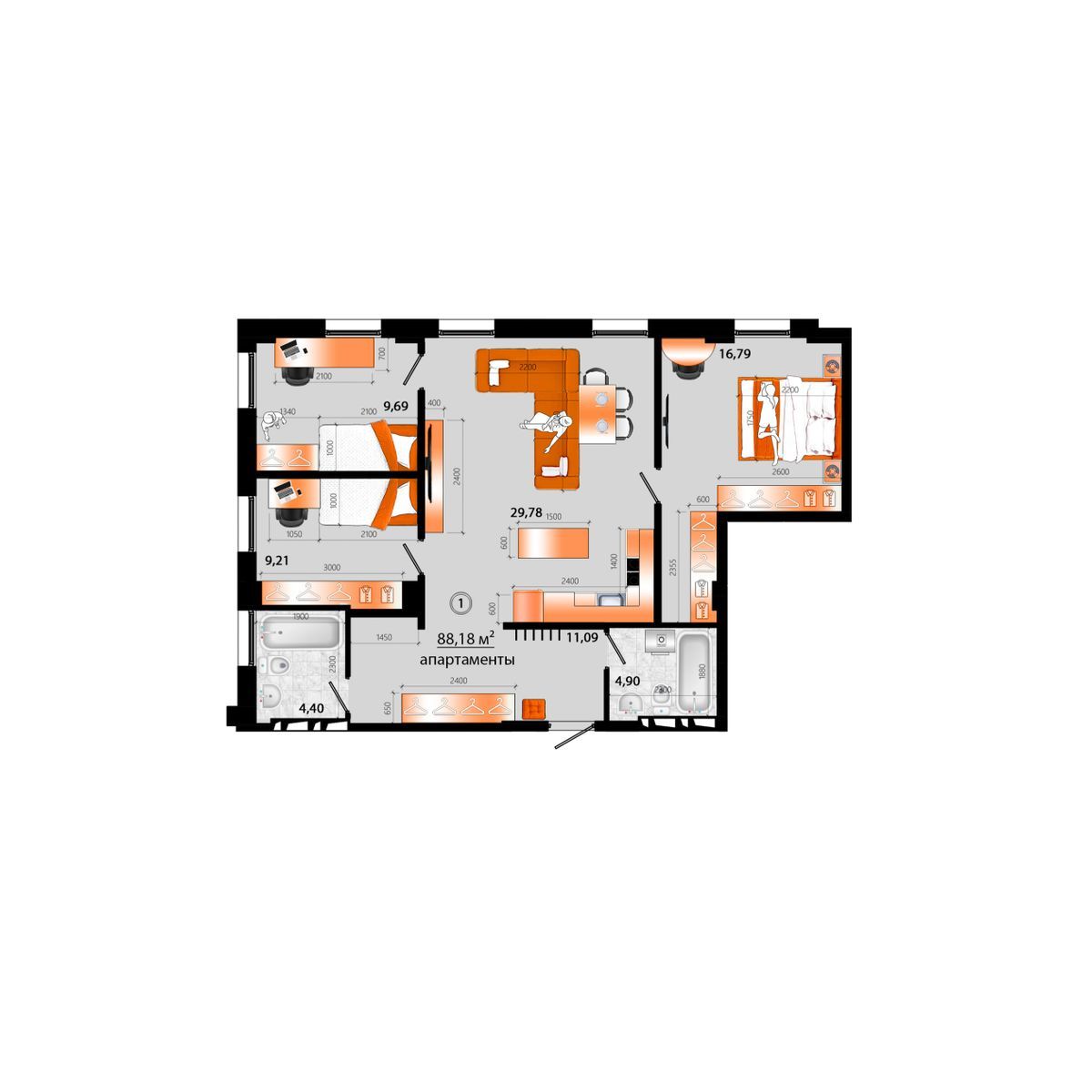 4-комнатная, 88.18 м², № Г-1 в Sunrise (Санрайс)