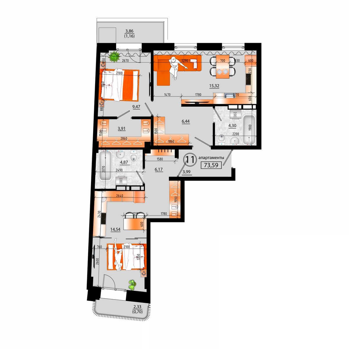 4-комнатная, 73.59 м², № Б-11 в Sunrise (Санрайс)