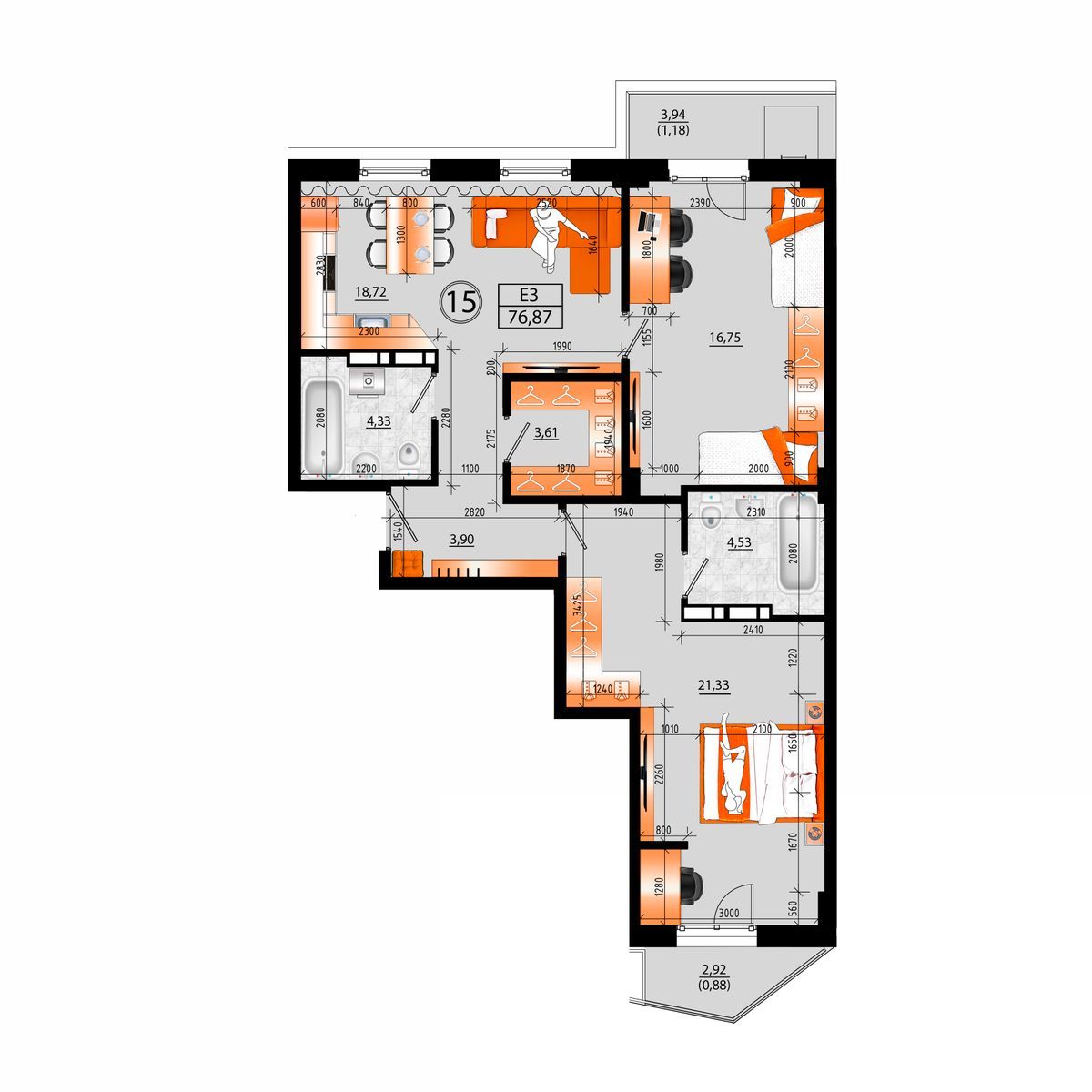 4-комнатная, 76.87 м², № Б-15 в Sunrise (Санрайс)