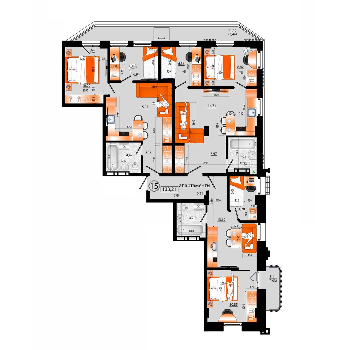 1-комнатная, 133.21 м², № А-15 в Sunrise (Санрайс)