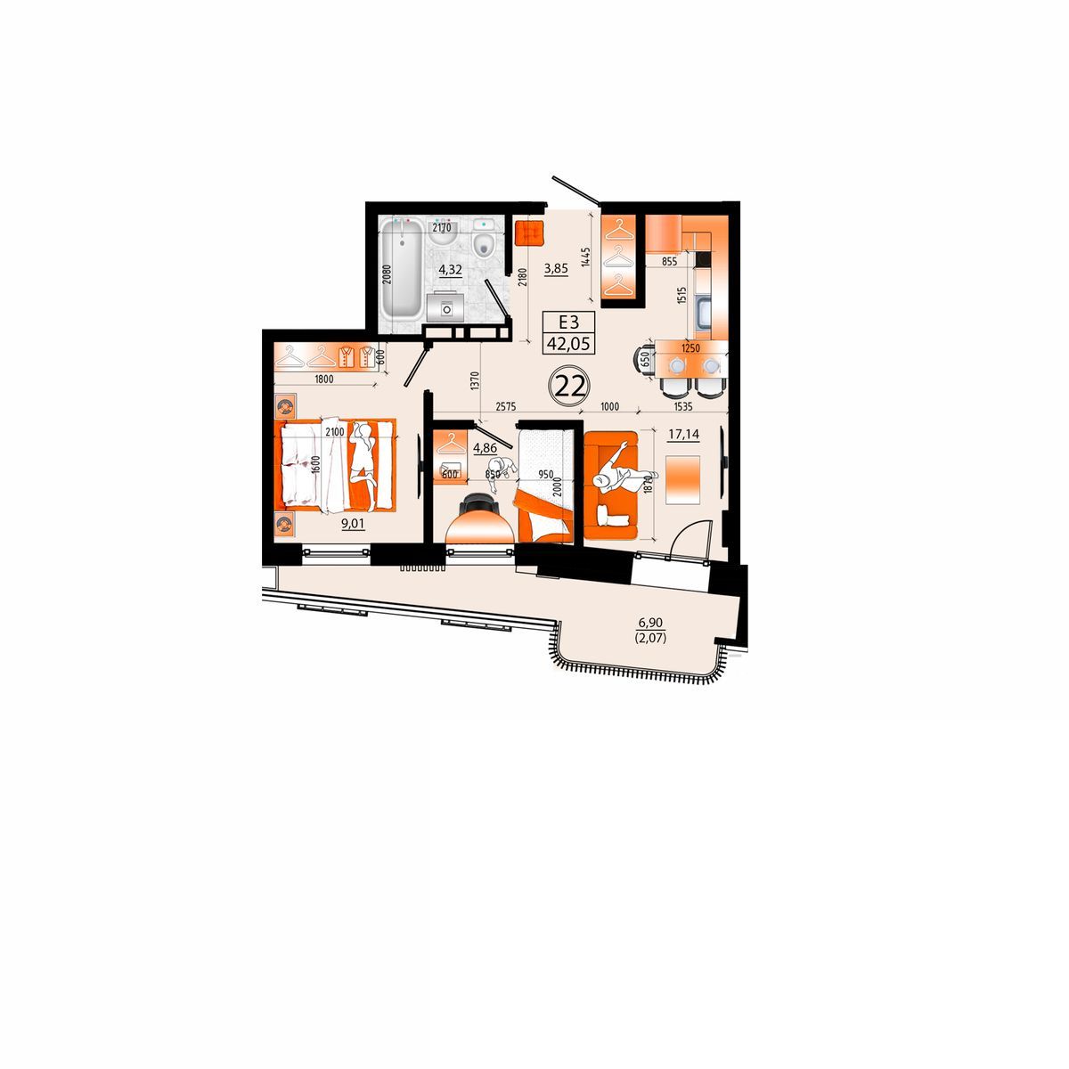 2-комнатная, 42.05 м², № Д-22 в Sunrise (Санрайс)