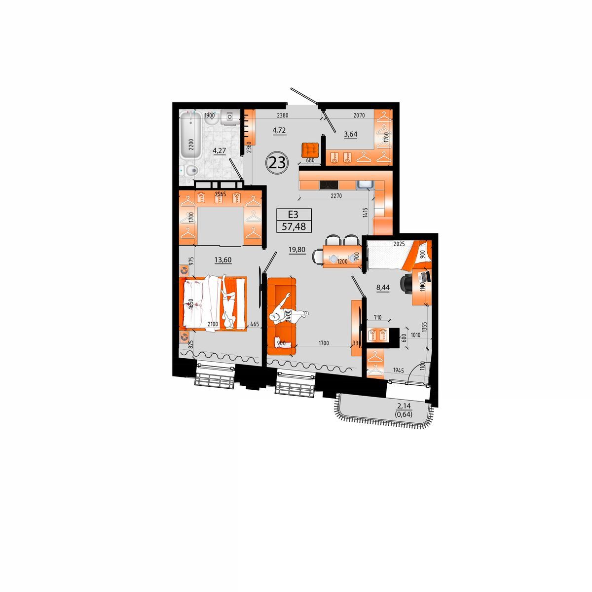 3-комнатная, 57.48 м², № Д-23 в Sunrise (Санрайс)