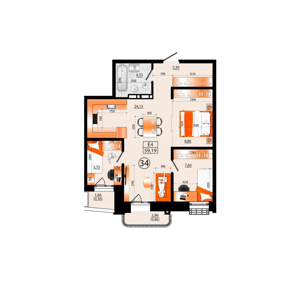 4-комнатная, 59.19 м², № А-34 в Sunrise (Санрайс)