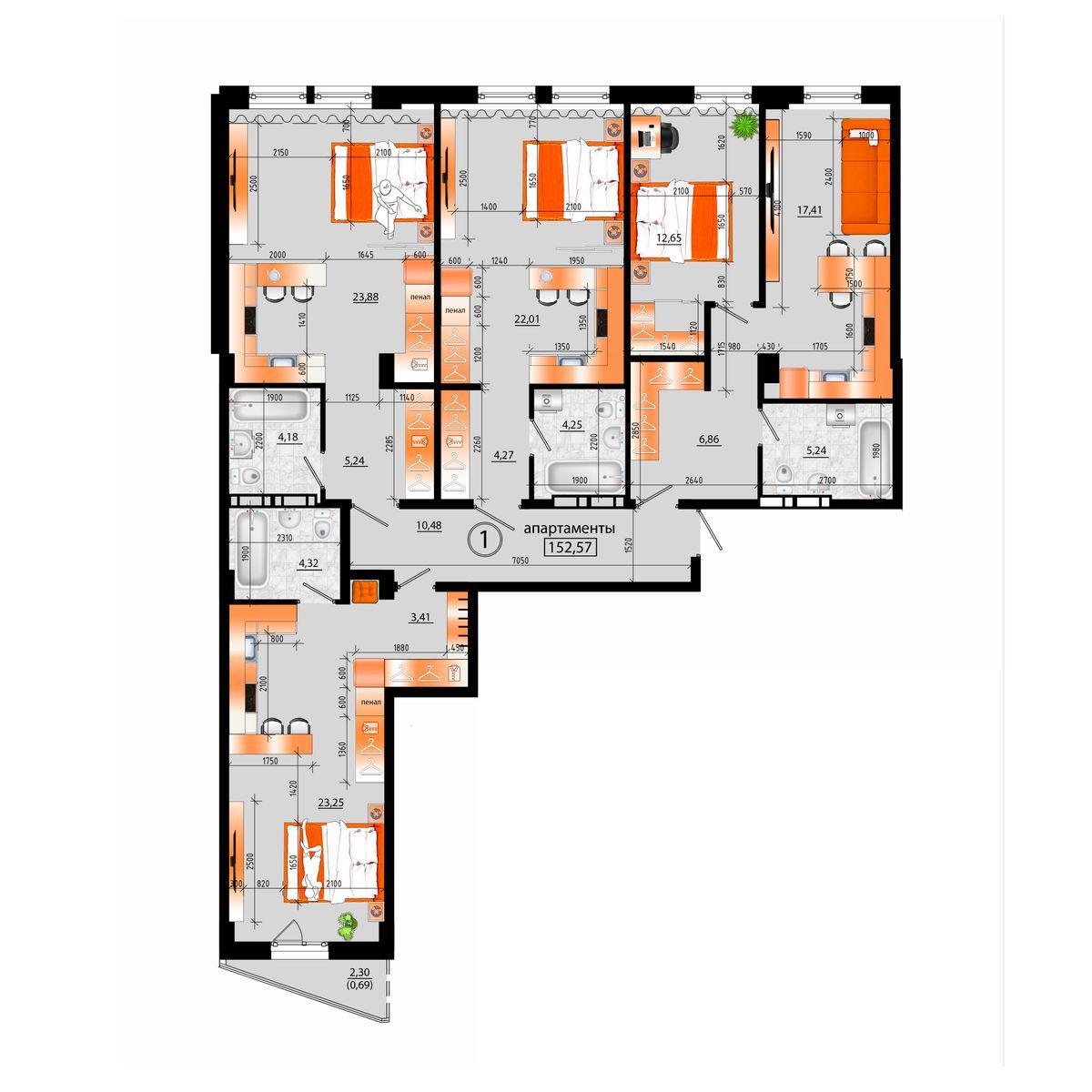 1-комнатная, 152.57 м², № А-1 в Sunrise (Санрайс)