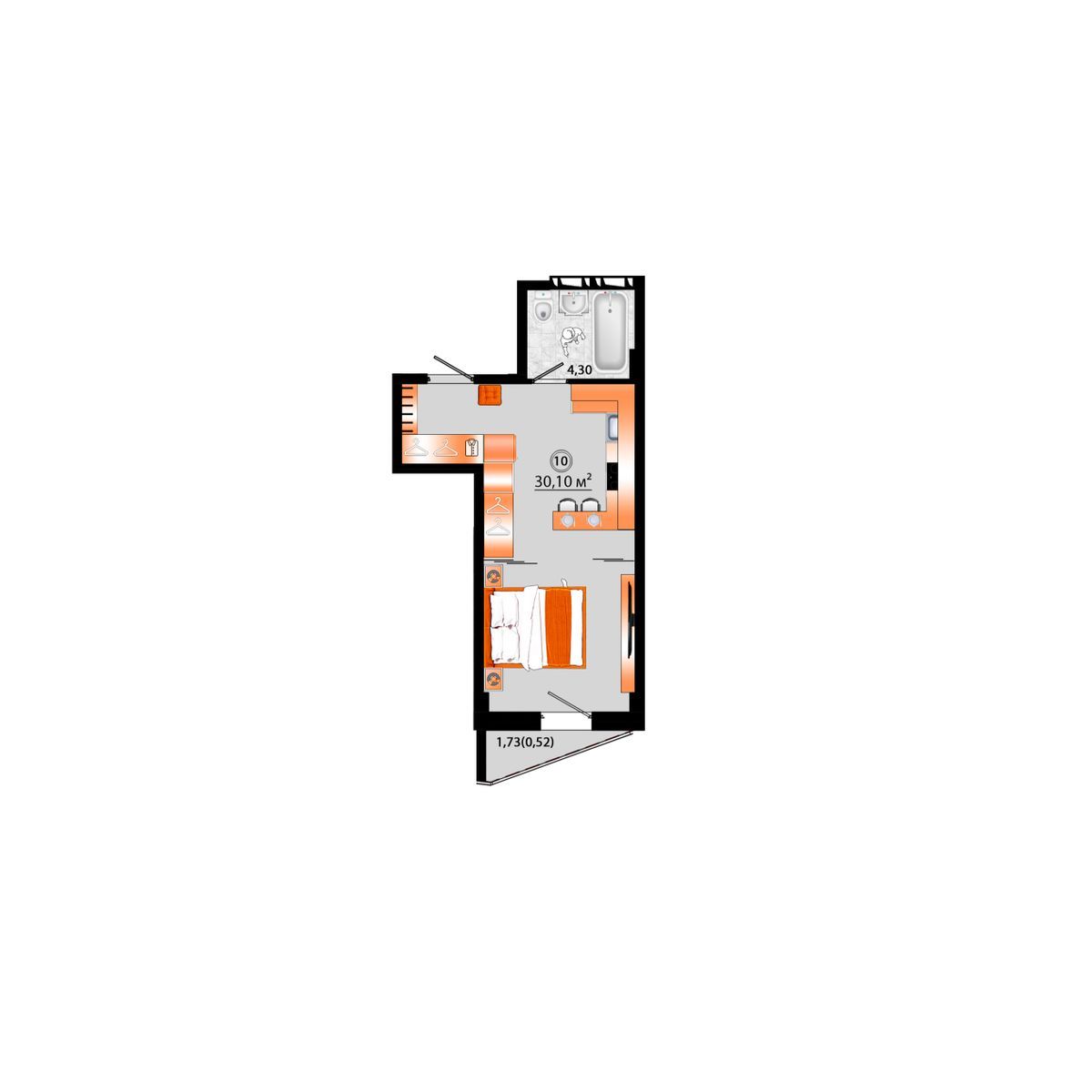 1-комнатная, 30.1 м², № Г-10 в Sunrise (Санрайс)