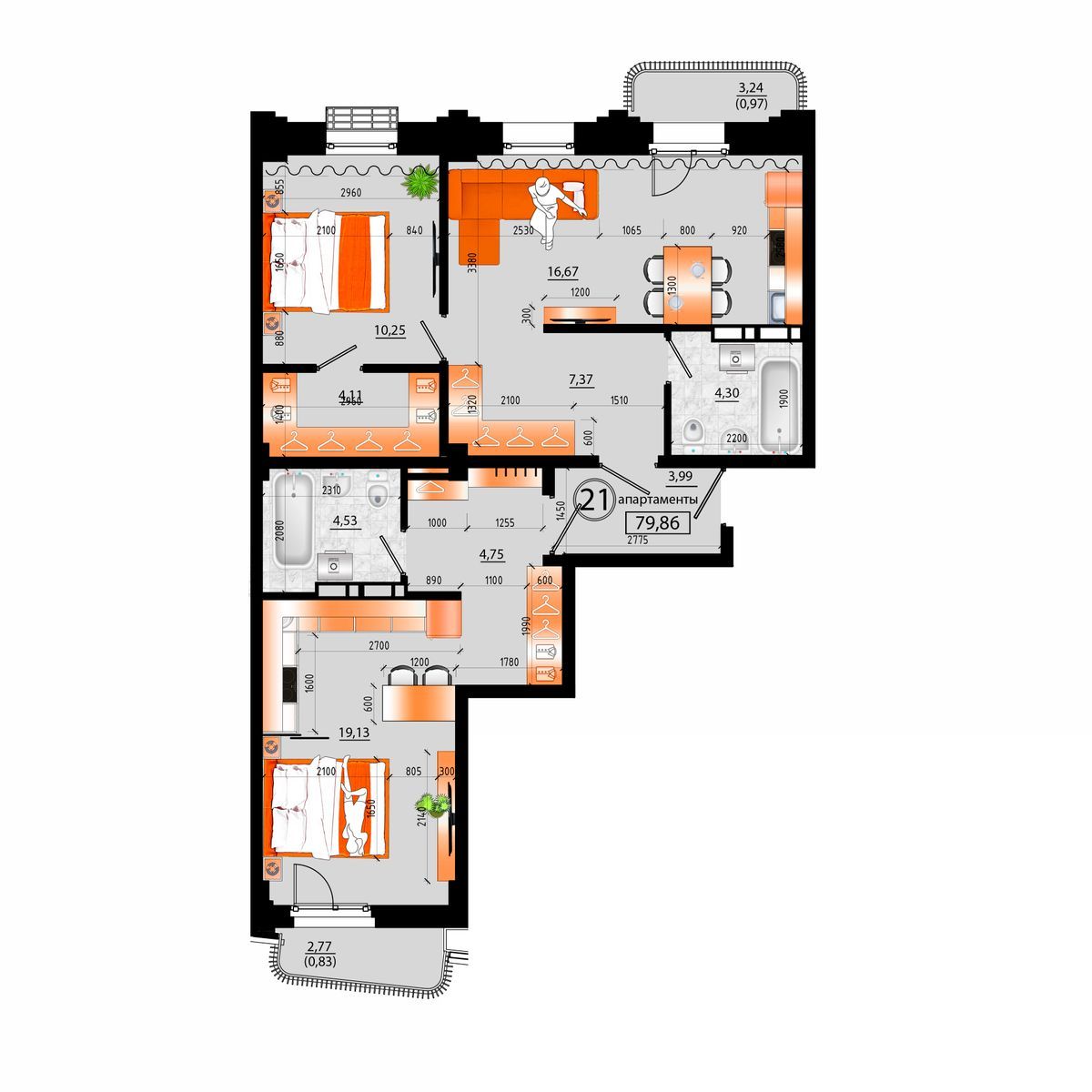 4-комнатная, 79.86 м², № Д-21 в Sunrise (Санрайс)