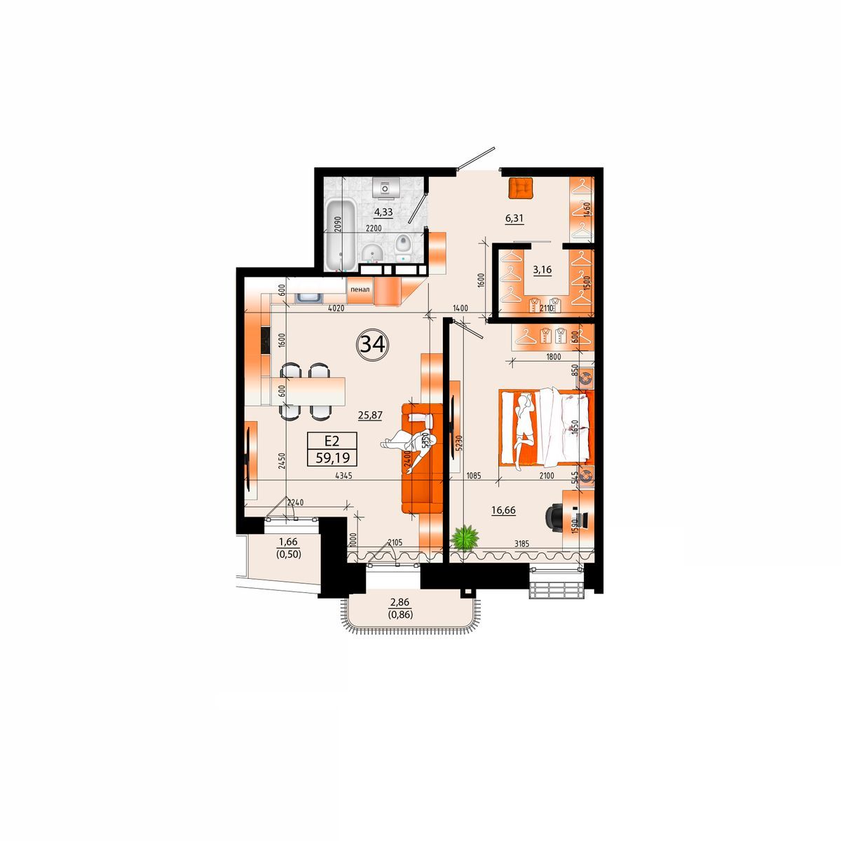 4-комнатная, 59.19 м², № А-34 в Sunrise (Санрайс)