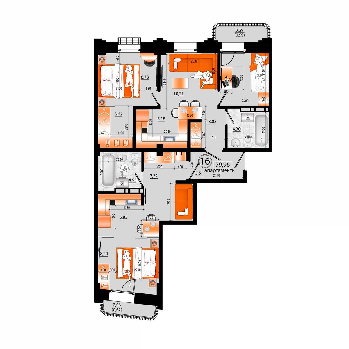 4-комнатная, 79.96 м², № Д-16 в Sunrise (Санрайс)