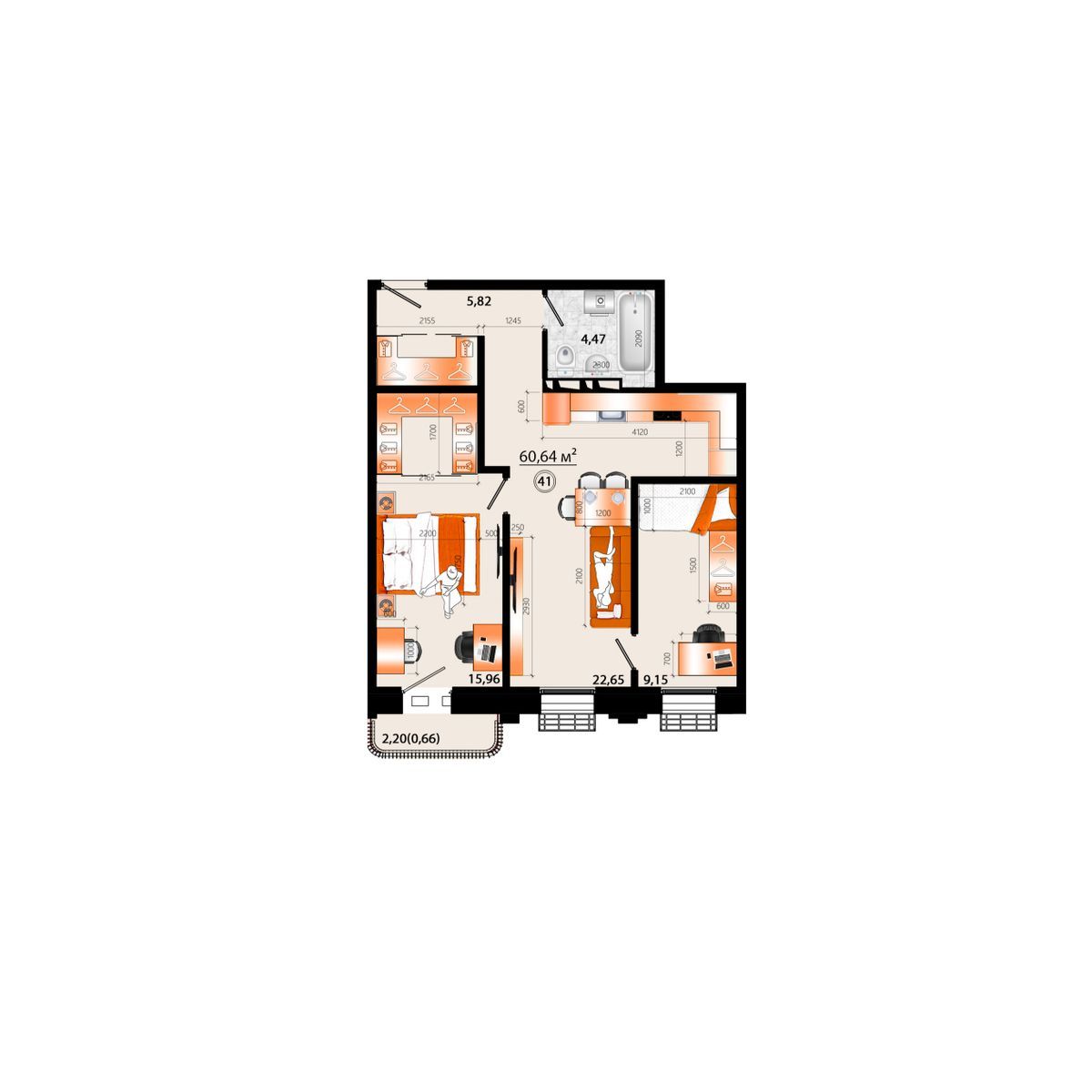 3-комнатная, 60.64 м², № Г-41 в Sunrise (Санрайс)