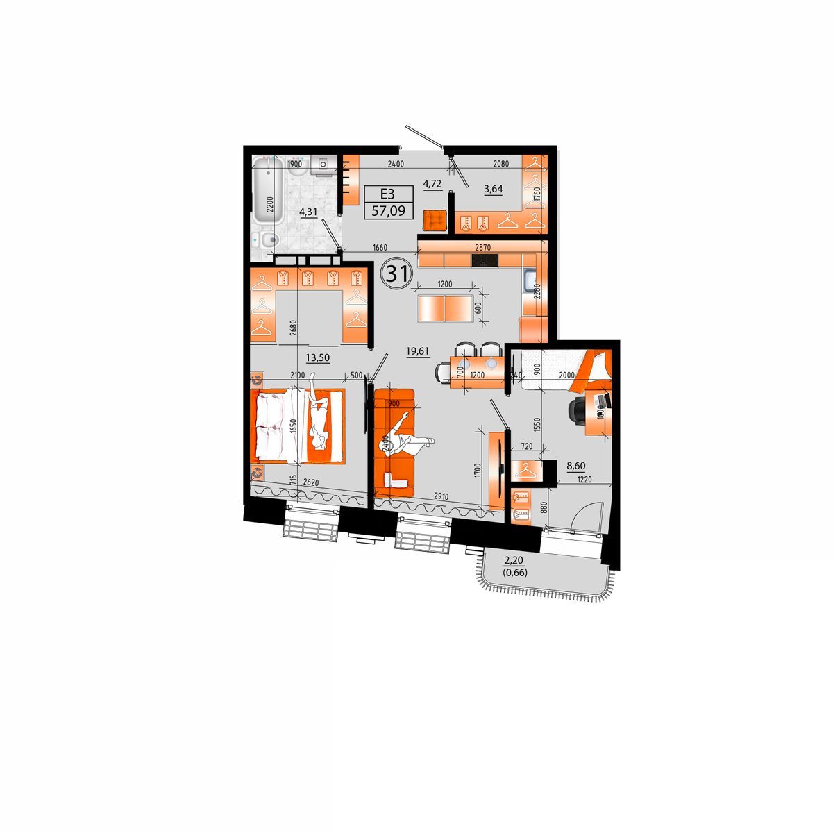 3-комнатная, 57.09 м², № Б-31 в Sunrise (Санрайс)