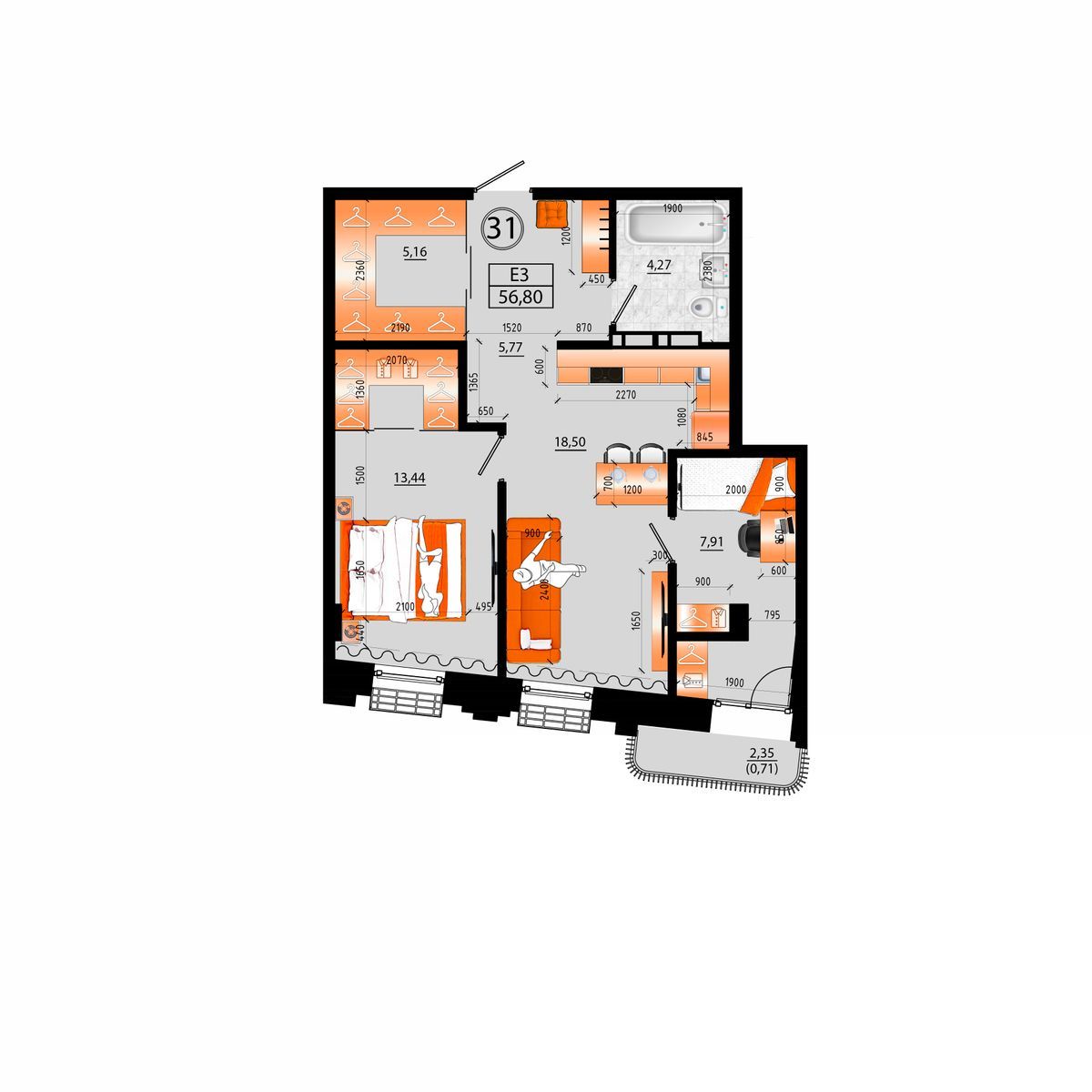 3-комнатная, 56.8 м², № Е-31 в Sunrise (Санрайс)