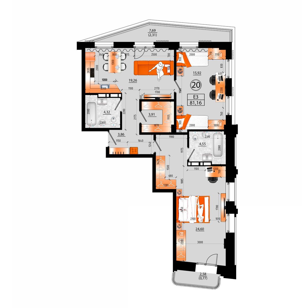 4-комнатная, 81.16 м², № Д-20 в Sunrise (Санрайс)