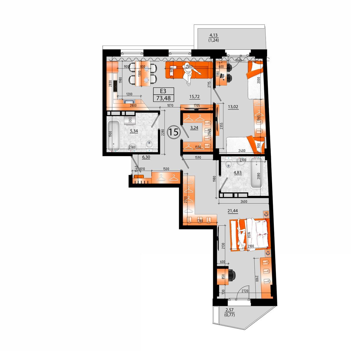 4-комнатная, 73.48 м², № В-15 в Sunrise (Санрайс)