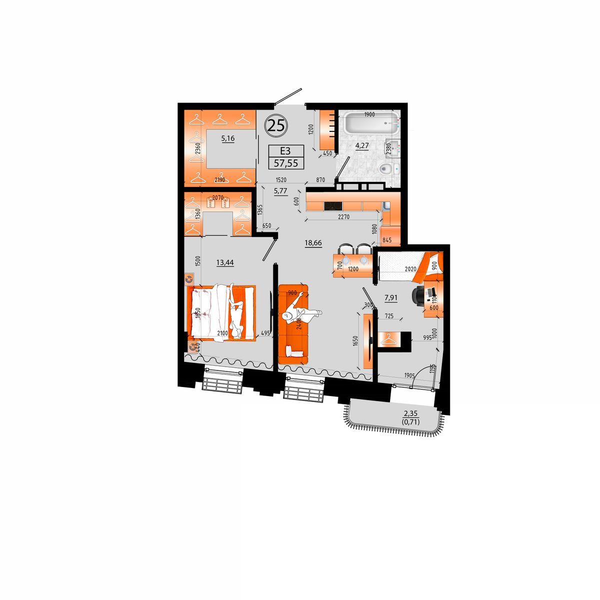 3-комнатная, 57.55 м², № Е-25 в Sunrise (Санрайс)