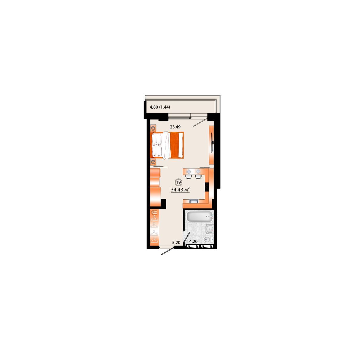 1-комнатная, 34.43 м², № Г-19 в Sunrise (Санрайс)
