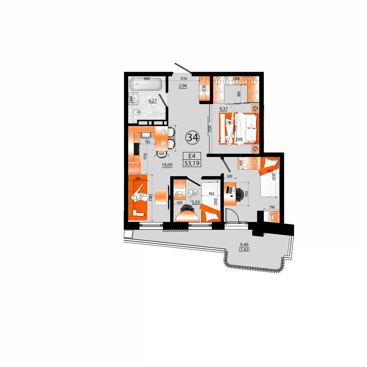 3-комнатная, 53.19 м², № Д-34 в Sunrise (Санрайс)
