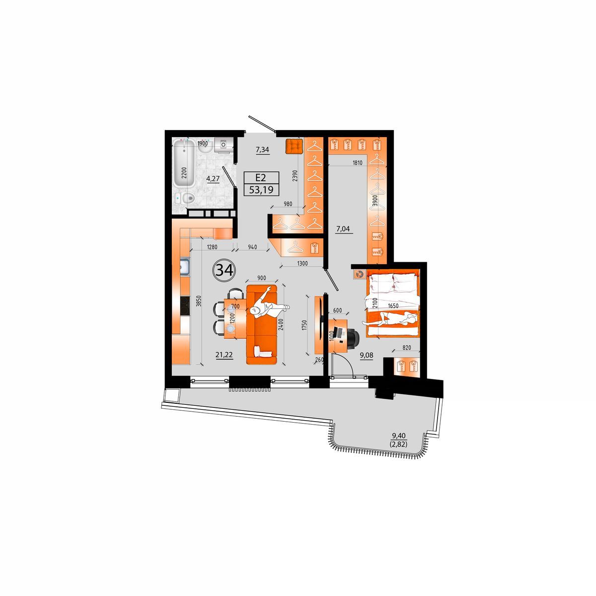 3-комнатная, 53.19 м², № Д-34 в Sunrise (Санрайс)